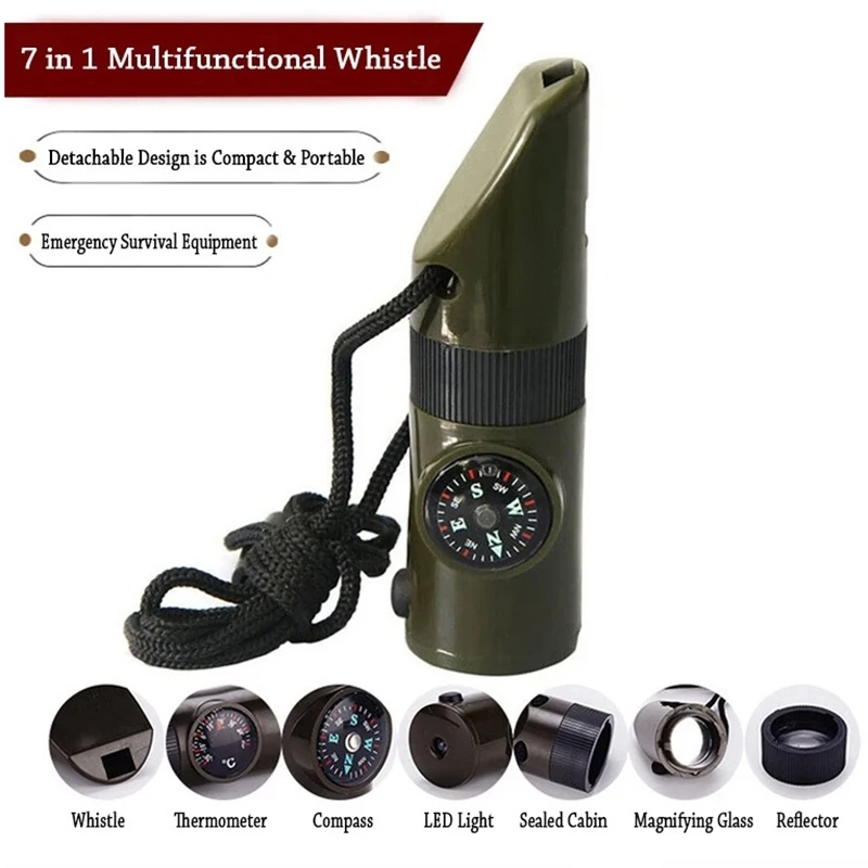 Outdoor 7-In-1 Multifunctional Whistle Survival Whistle With Led Light Thermometer Compass