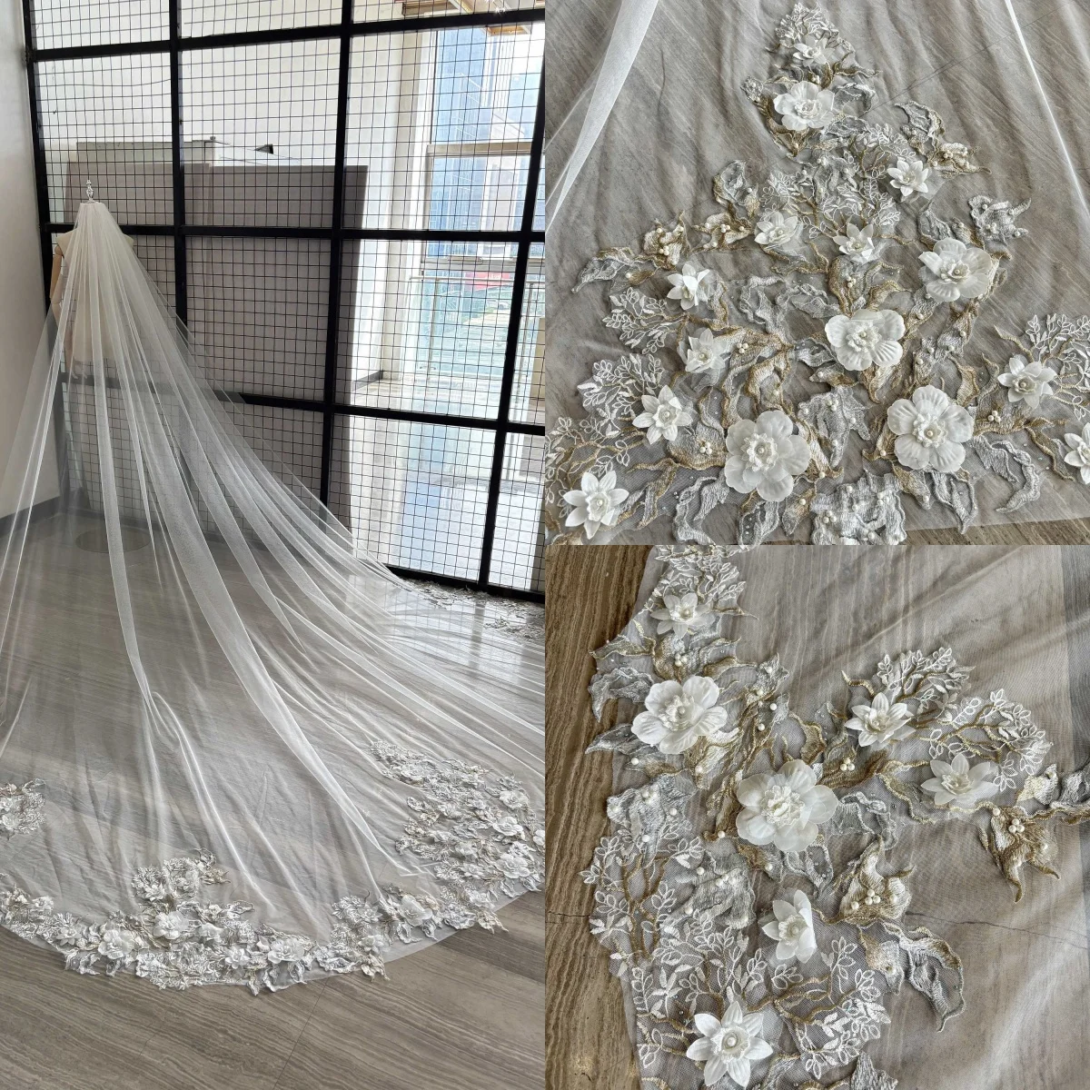 

Gorgeous Wedding Veil Beaded Pearls Handmade Flowers One Layer Long Cathedral Length Veils Applique Edge Velo De Cabeza