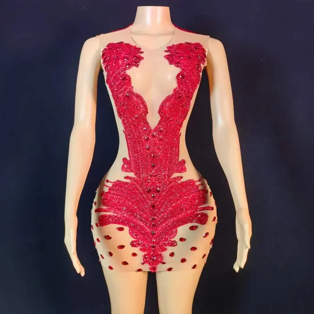 

Mesh Rhinestone Red Crystal Dress For Women Birthday Showgirl Singer Party Sleeveless Velvet Performance DS Drag Queen Costume