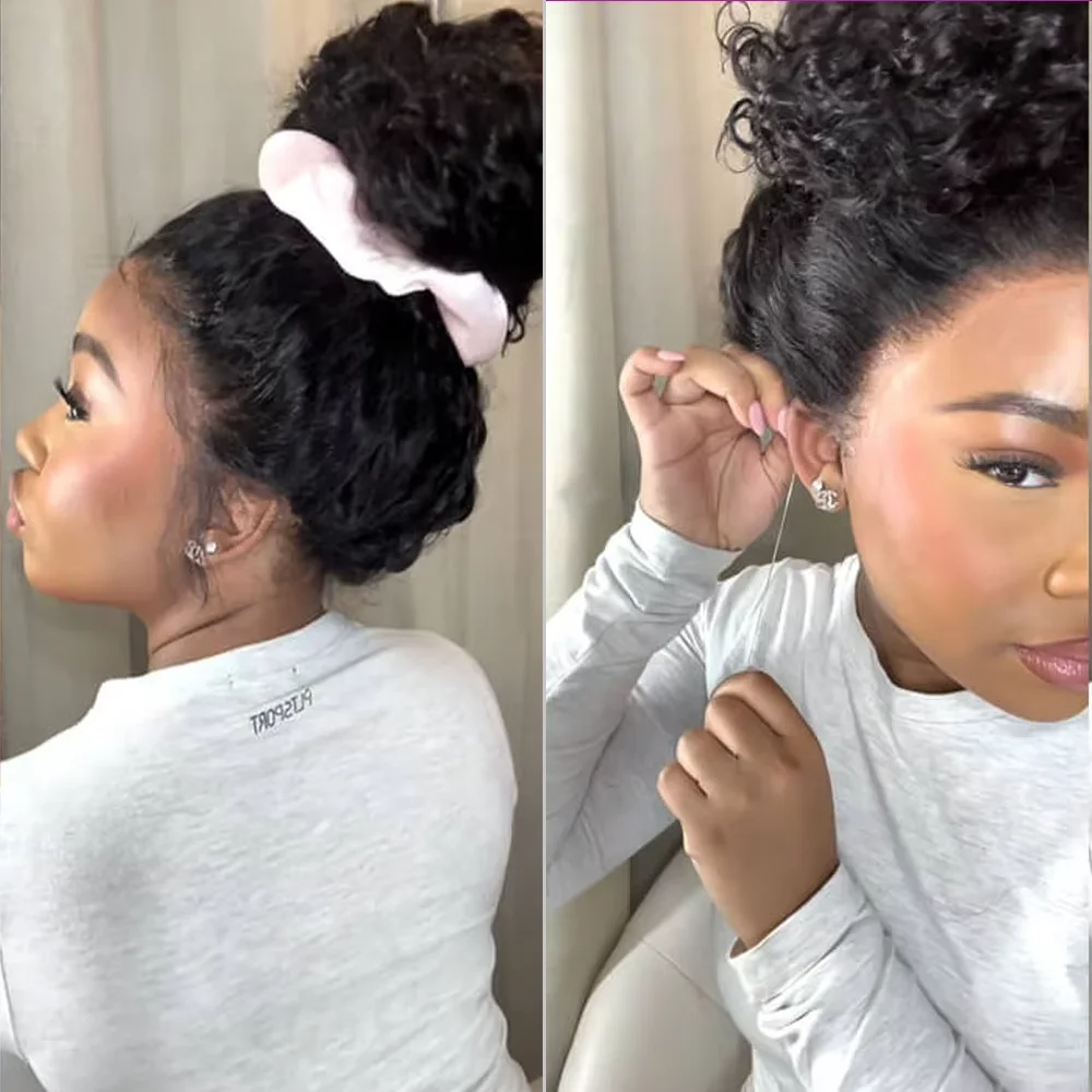 No Glue Upgrade 360 Adjustable Drawing Lace Wigs Invisi Strap 360 Full HD Lace Frontal Kinky Curly Wig Black Human Hair 360 Drawstring Deep Water Wigs Glueless 13x4 13x6 Front Human Hair Wig