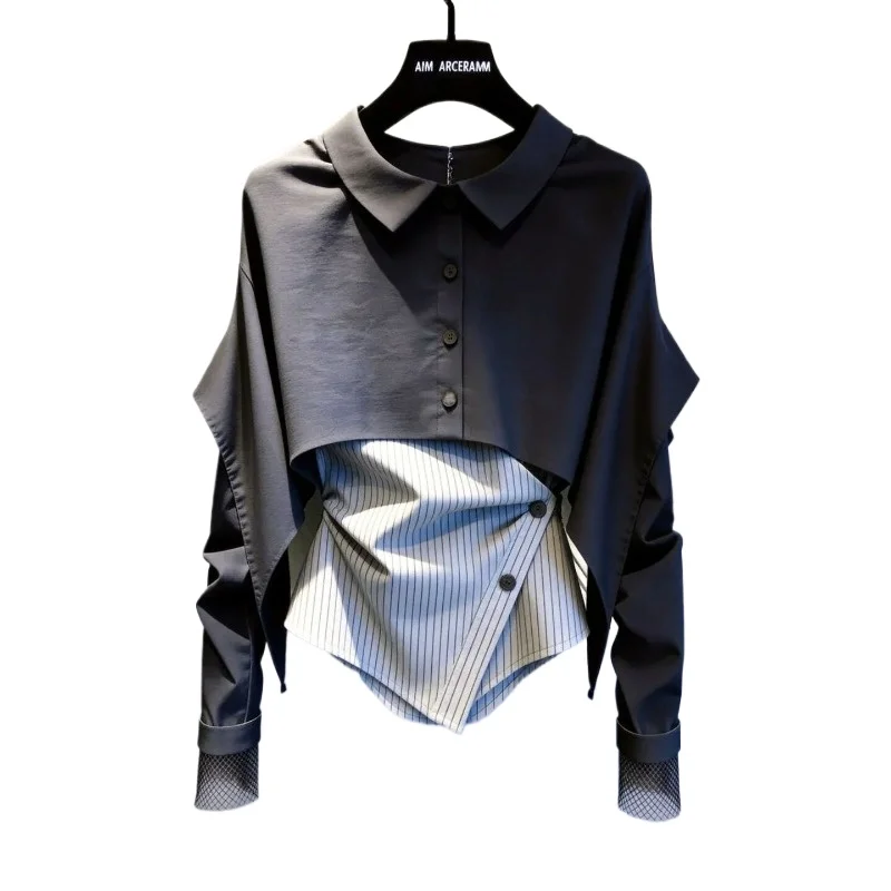 High-end Sense of Simple and Thin Meat-covering Foreign-style Shirt Women's Autumn New Versatile Striped Splicing Design Top