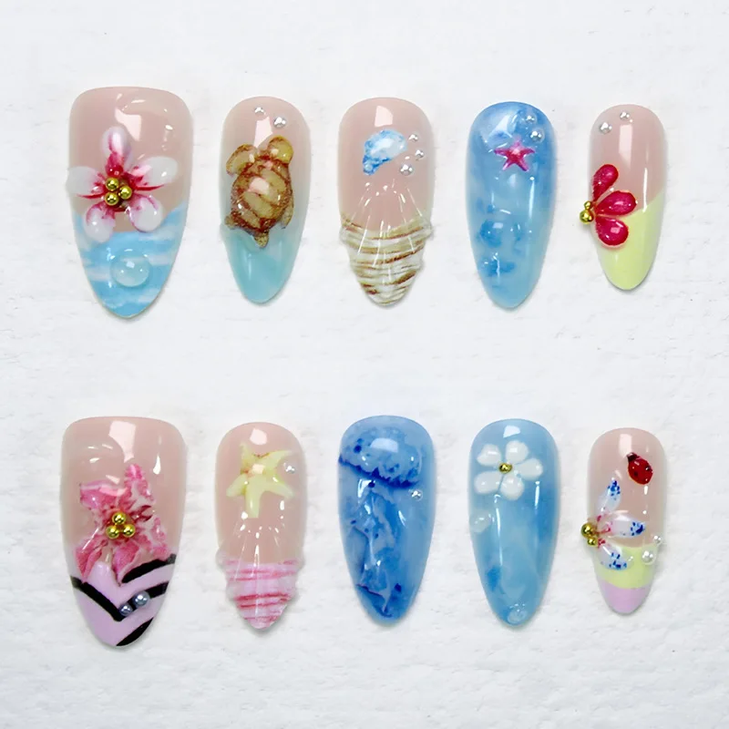 

10pcs Almond Handmade False Nail Ocean Seashell Flower Design Fake Nails Press on Blue Tips Nails Set Reusable Manicure Finished