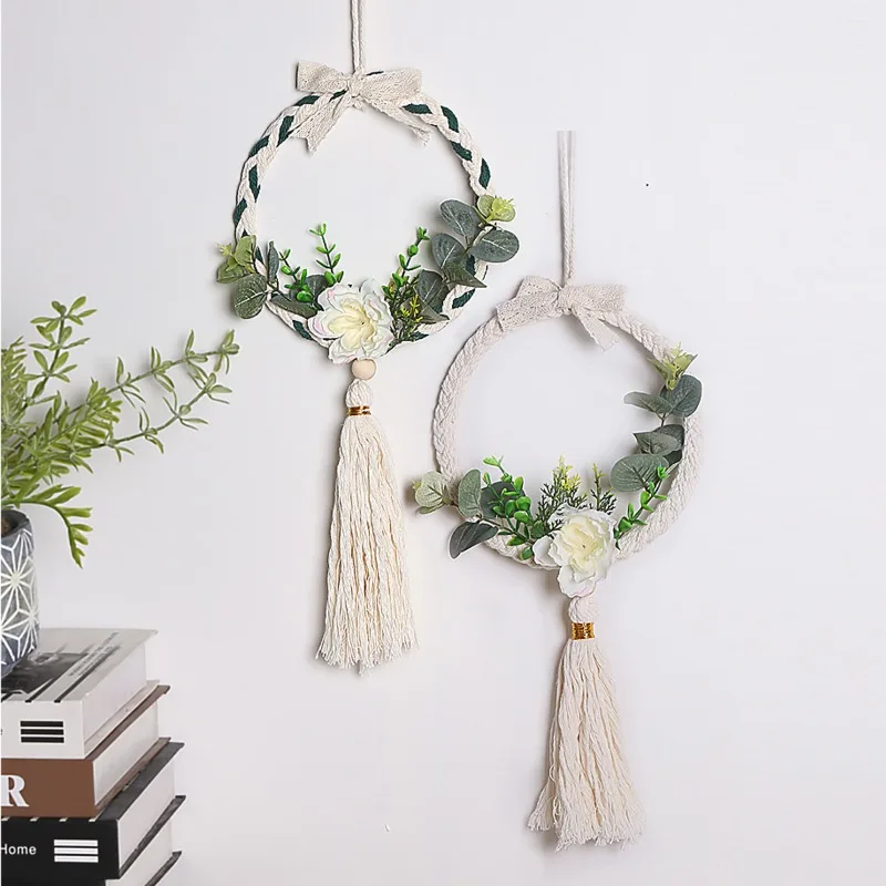 Artificial Rose Flower Wreath with Ribbon Bells Wind Chime Door Wall Hanging Fringe Tassel Bohemian Style Home Party Decoration