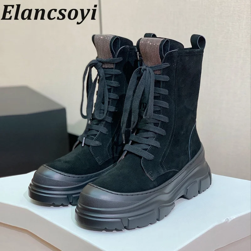 

Round Toe Cow Suede Thick Sole Height Increasing Ankle Botas Women Metal Bead Lace Up Short Boots Spring Autumn Motorcycle Boots