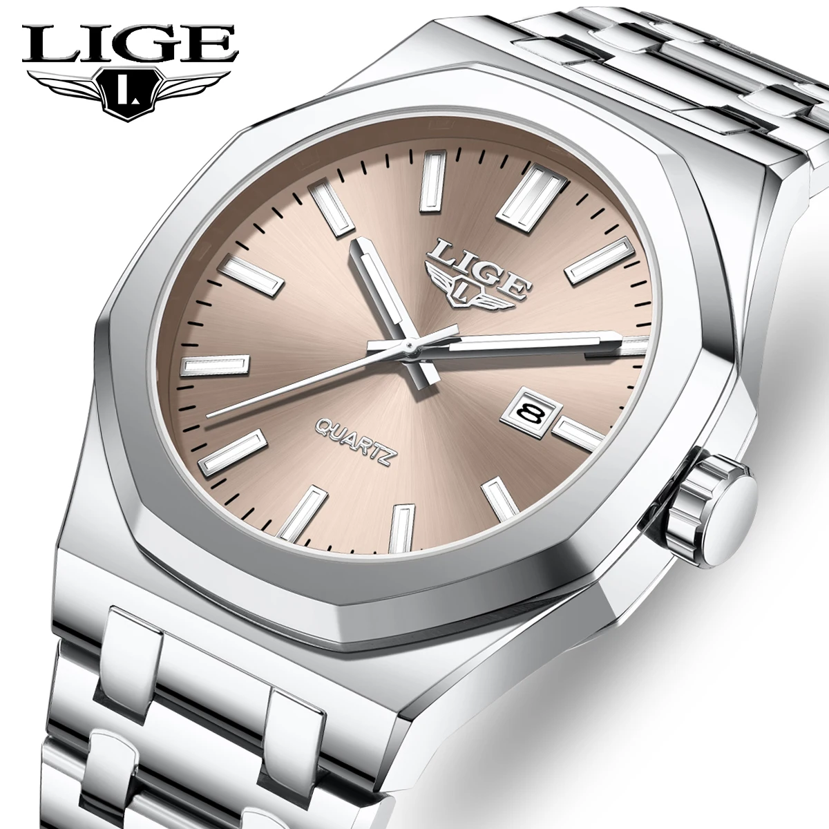 

LIGE Роскошные деловые кварцевые наручные часы, классические светящиеся мужские часы, модный календарь, водонепроницаемые часы из нержавеющей стали для мужчин