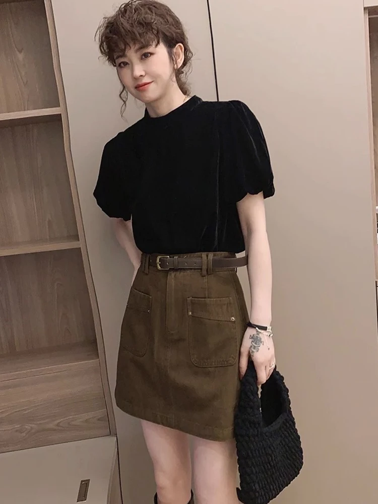 Slimming Velvet Bubble Sve T-irt Comfortable Versatile Women's Base irt Korean Sle round Ne ort Sve Top