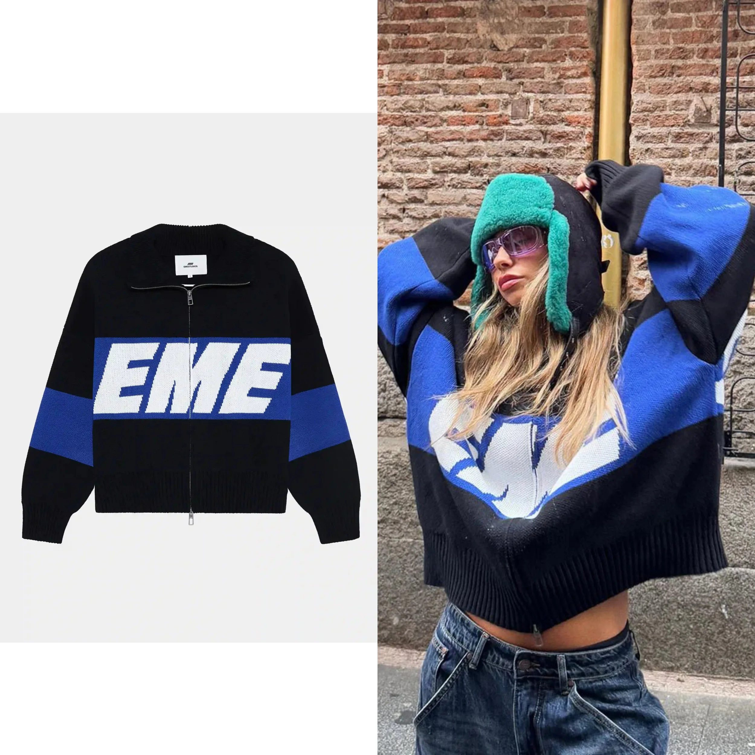 

2025 Новый Harajuku сращенный ​ ​ Вязаный свитер на молнии, модный повседневный свитер для мужчин и женщин, американское пальто с вышивкой букв Y2k, куртка