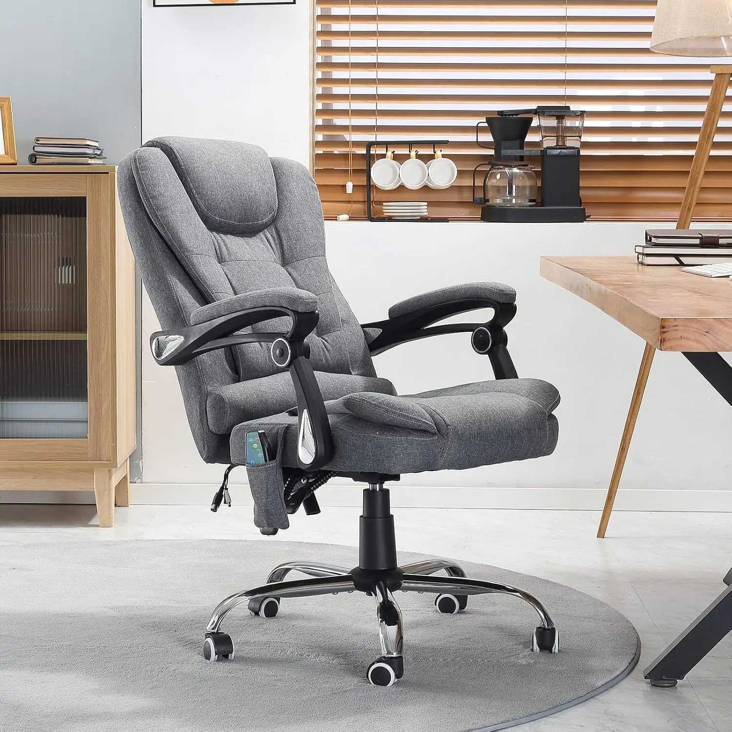 Ergonomic Reclining Office Chair With Massage And Heat Function, Grey Linen Executive Computer Chair W/Adjustable Height, High