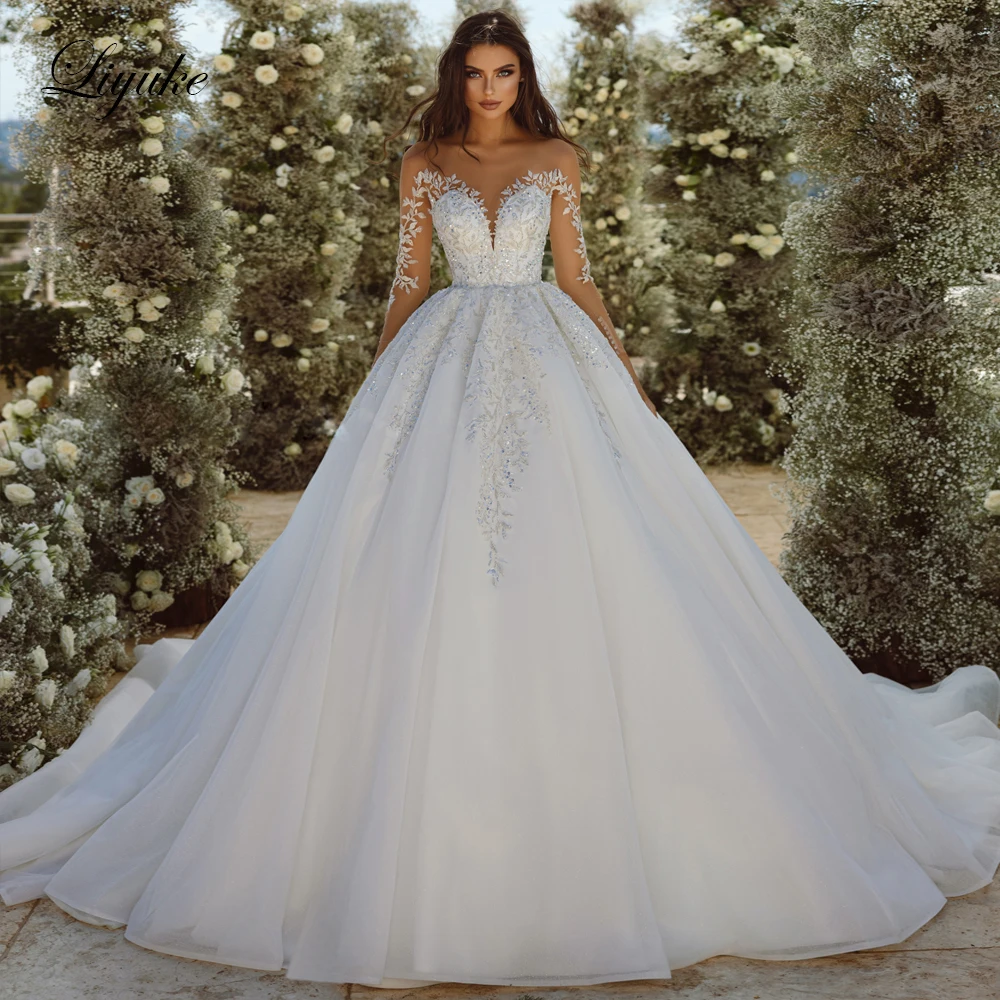 

Liyuke Elegant Silky Organza A-Line Wedding Dresses Beading Pearls Appliques Full Sleeves Illusion Neck Bridal Gowns