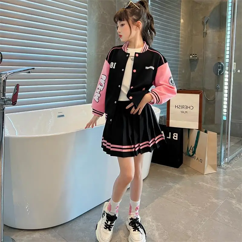 2024 autumn winter Kids Girls School JK striped jacket Hoodies + dress Skirts Suits Children set Clothes teen 8 9 12 7 year