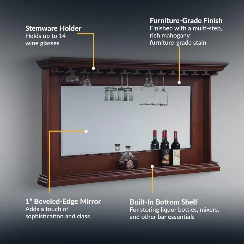 مرآة بار خلفية إشبيلية - مرآة حائط مشطوفة مقاس 62 بوصة × 35.5 بوصة مع رف وحامل ستيمواري مدمج، إطار من الخشب الصلب