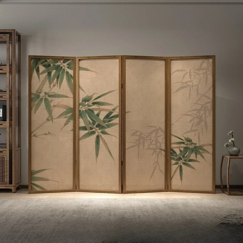 New Chinese retro screen partition living room office mobile folding porch cover solid wood bamboo hotel folding screen