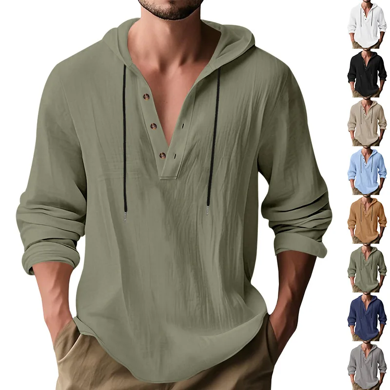 Hot Selling Men's Loose Linen Breathable Hooded Solid Color Long Sleeve Sweatshirts Breathable Beach Undershirts Male Clothes