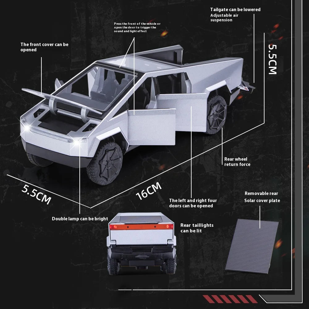 Camión Cybertruck para niños, modelo de aleación, juguete para niño, sonido de simulación, colección de modelos de coches, regalos, decoraciones de escritorio, 1/32