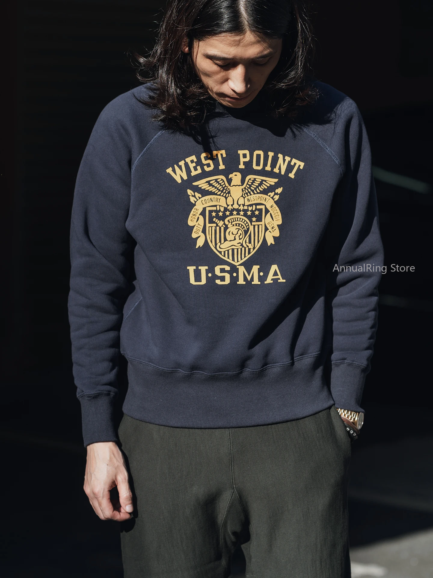Non Stock USMA Graphic Raglan Sleeve Sweatshirt Vintage Short-Length Brushed Cotton Pullover for Men