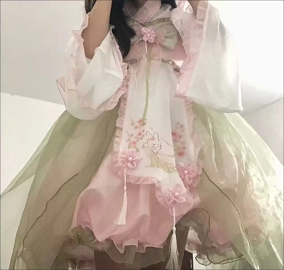 Chinese Hanfu Style Kawaii Lolita Sets Sweet Lolita Princess Dress Women Cute Cartoon Rabbit Print Flower Ruffles Party Dresses