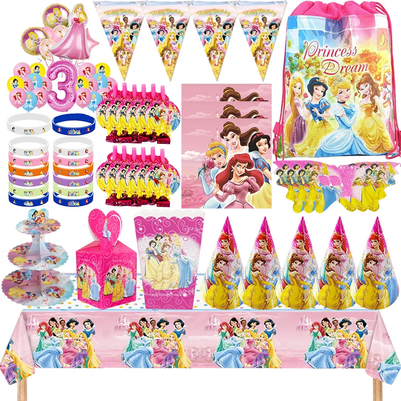 Princess Birthday Party Decoration Princess Theme Birthday Tablecloth Cake Topper Latex Balloon for Kids Girl Tableware Supplies