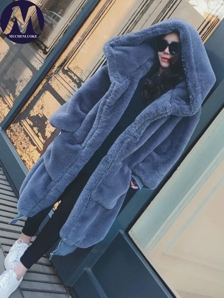 Cappotto in pelliccia sintetica con cappuccio da donna, cappotti di media lunghezza, peluche sciolto, ispessimento, caldo, Casual, moda, autunno, inverno, nuovo, 2024