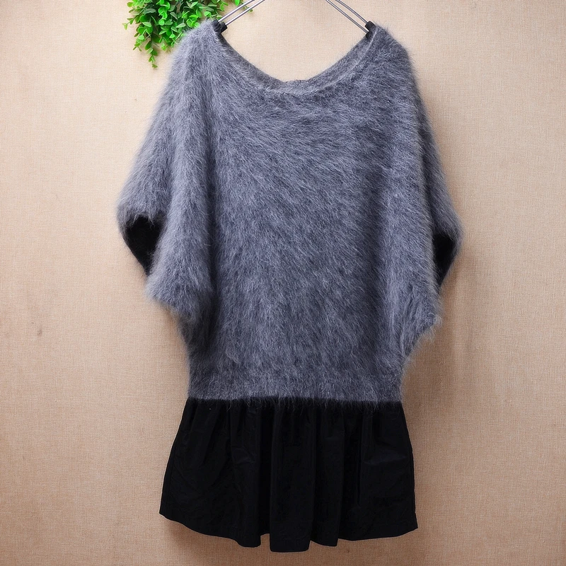 

306 Women Autumn Winter Thick Warm Striped Grey Hairy Mink Cashmere Knitted V-Neck Long Sleeves Loose Pullover Sweater Jumper