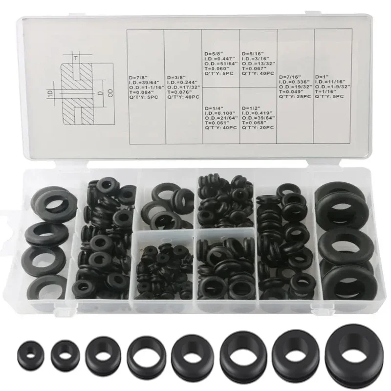 

180Pcs/Box Rubber Grommet Assortment Kit Rubber Hole Grommet O Ring Set 1/4", 5/16", 3/8", 7/16", 1/2", 5/8", 7/8", 1"