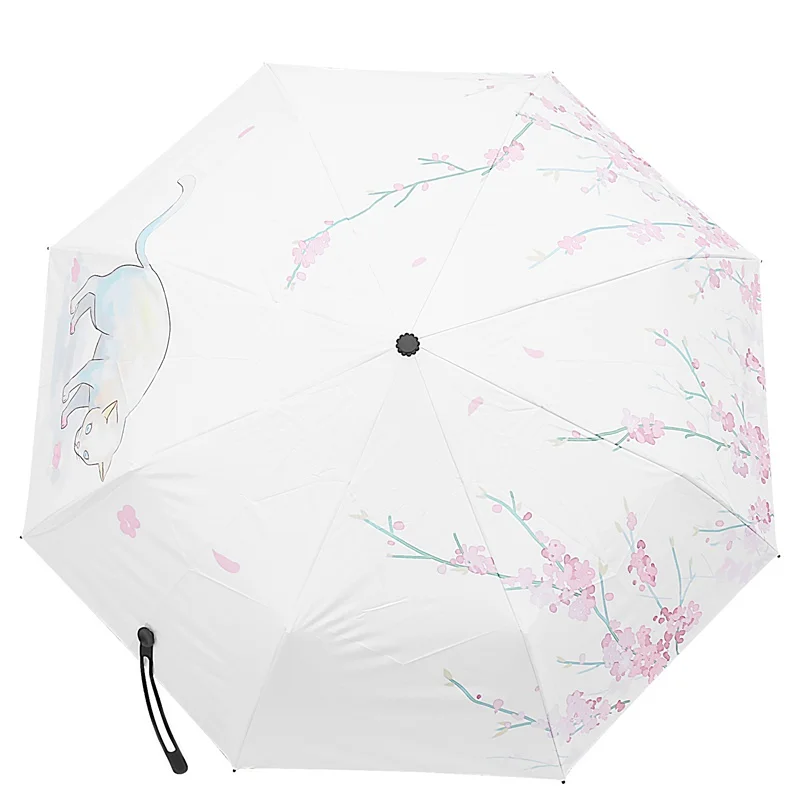 Sun Umbrella Rain Three Folding Umbrella Lovely Cat Female Parasol Gifts Four Seasons Cat Illustration Umbrella