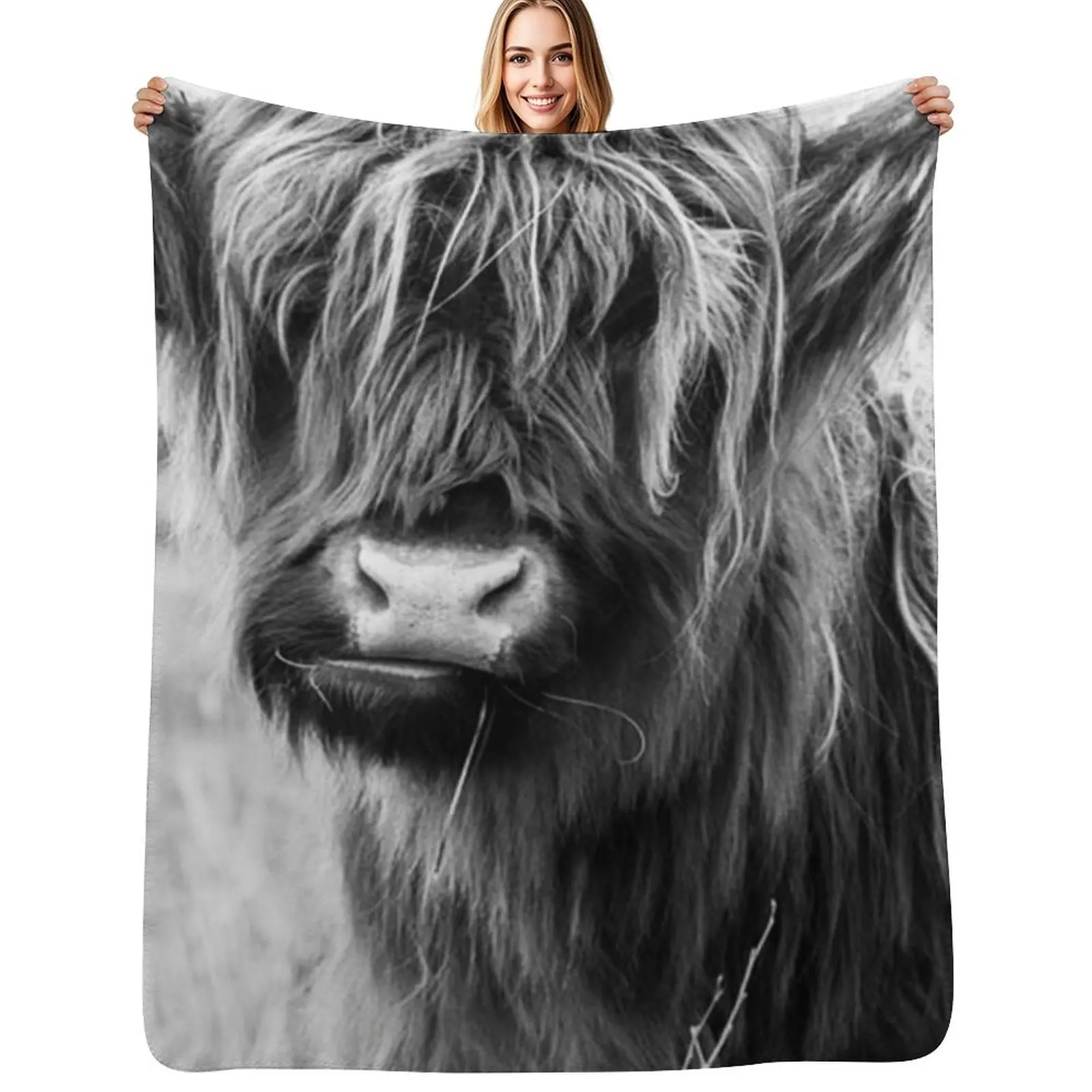 

Highland Cow Portait, black and white Throw Blanket Stuffeds warm winter valentine gift ideas Personalized Gift Blankets