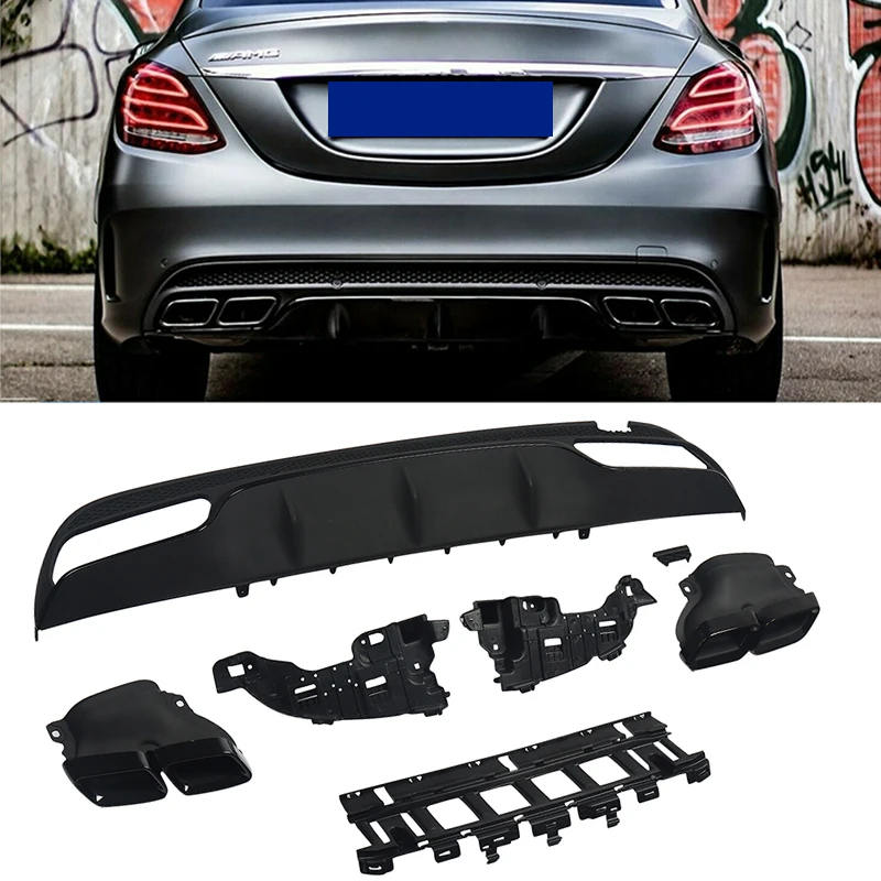 For 2014-2019 Mercedes Benz W205 C300 C350 AMG-Line Rear Diffuser + Exhaust Tips