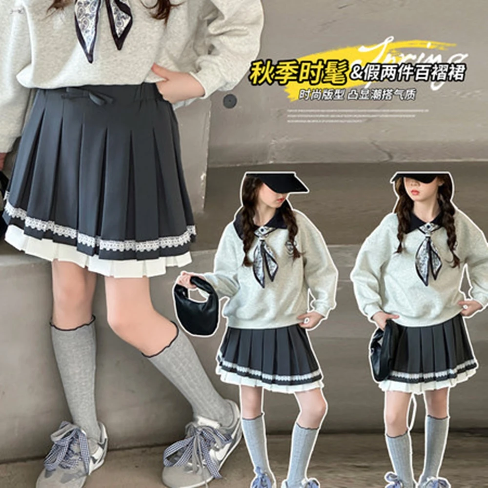 New Autumn Winter Girls Clothes Hooded grey Sweatshirt heart polo t-shirt teens Kid or 1pc JK Pleated skirt 4 8 9 10 11 12 year