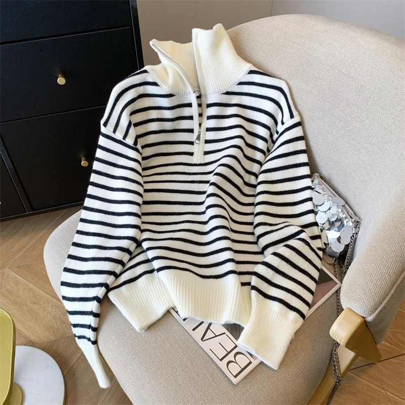 سترة نسائية مخططة غير رسمية نصف سحاب وياقة واقفة وأكمام طويلة قميص نسائي منسوج بألوان متباينة للخريف والشتاء