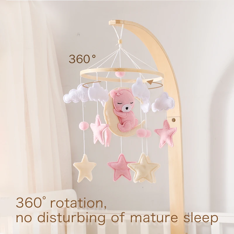 1pc bebê cama móvel sino brinquedo dos desenhos animados rosa urso de pelúcia recém-nascido calmante chocalhos brinquedo de madeira cama do bebê pendurado brinquedo presentes de nascimento do bebê