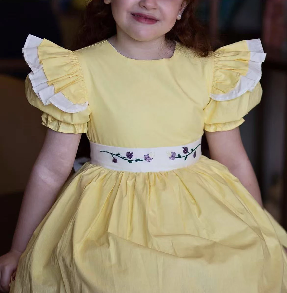 0-12Y Baby Girl Summer Rose Flower Handmade Embroidery Yellow Dress for Birthday Wedding Baptism Eid Casual Photography B328