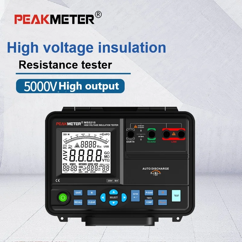 Peakmeter MS5215 High Voltage Resistance Tester H/V Insulation Meter 5KV 5TΩ 3mA  Auto Calculate PI / DAR