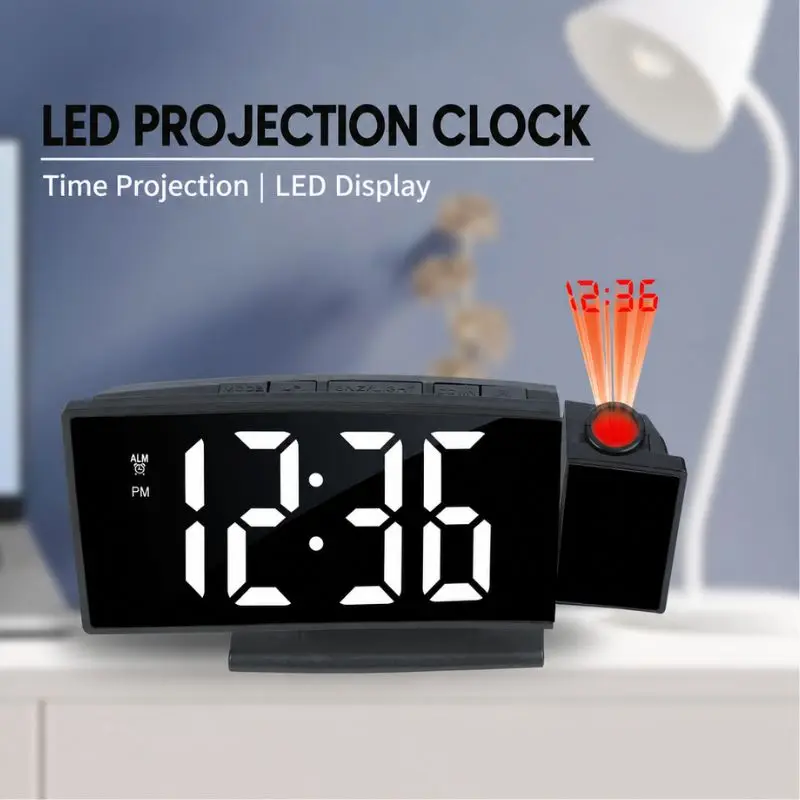 180 Degree Rotating Projection Alarm Clock with Time Date Temperature and Adjustable Brightness Silent Quartz