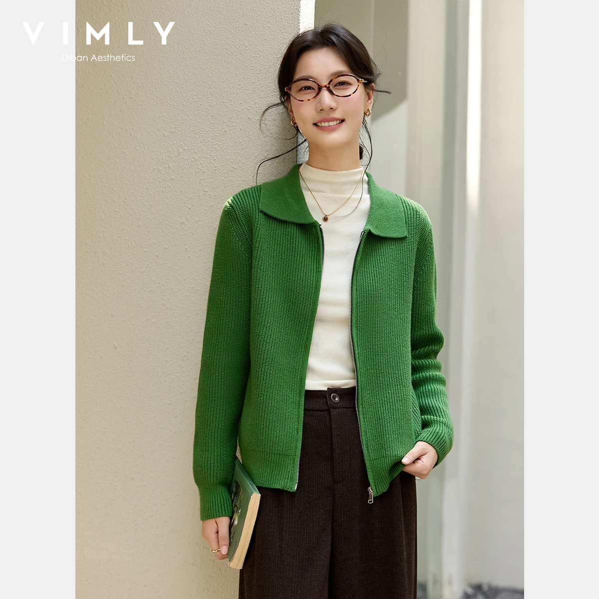 

VIMLY зеленый кардиган женский, осень 202, элегантный повседневный вязаный ребристый вязаный женский свитер с отложным воротником на молнии, женский трикотаж 75189