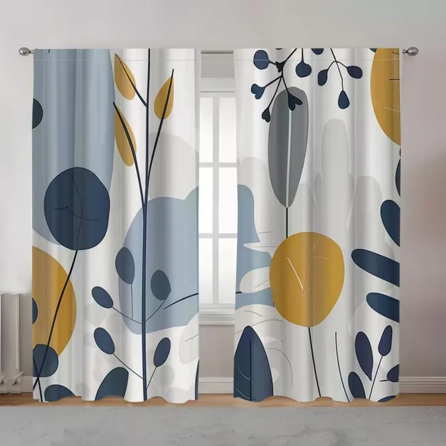 2 PCS Blue Yellow Geo Curtains, Modern Contrast Style Window Drapes for Living Room Bedroom Home Decor Polyester Rod Pocket