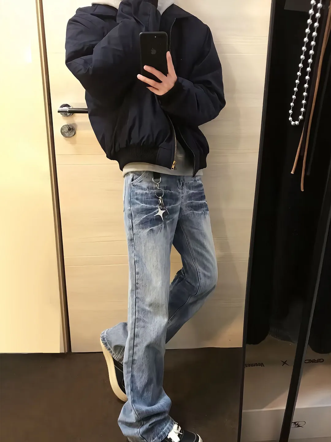 Retro American High Street Blue Slim Straight Leg Jeans Men Spring Lightning Pattern Cleanfit Slimming Flared Pants