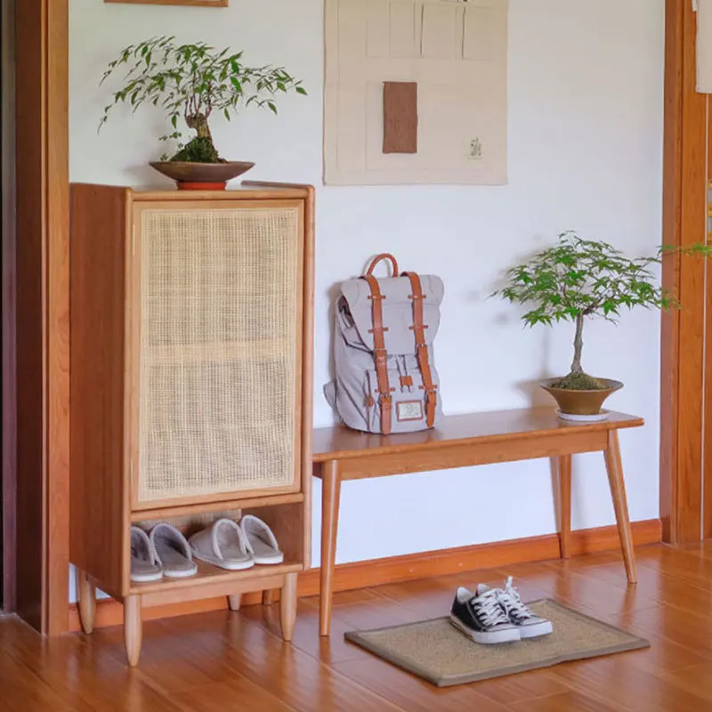 

Nordic household solid wood shoe cabinet, Japanese-style household foyer rattan storage cabinet, small apartment living room