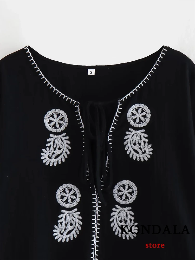 KONDALA Vintage Black Embroidery 100% Cotton Shirts Women Long Sleeve V Neck Oversized Shirts Female Fashion 2023 Summer Tops