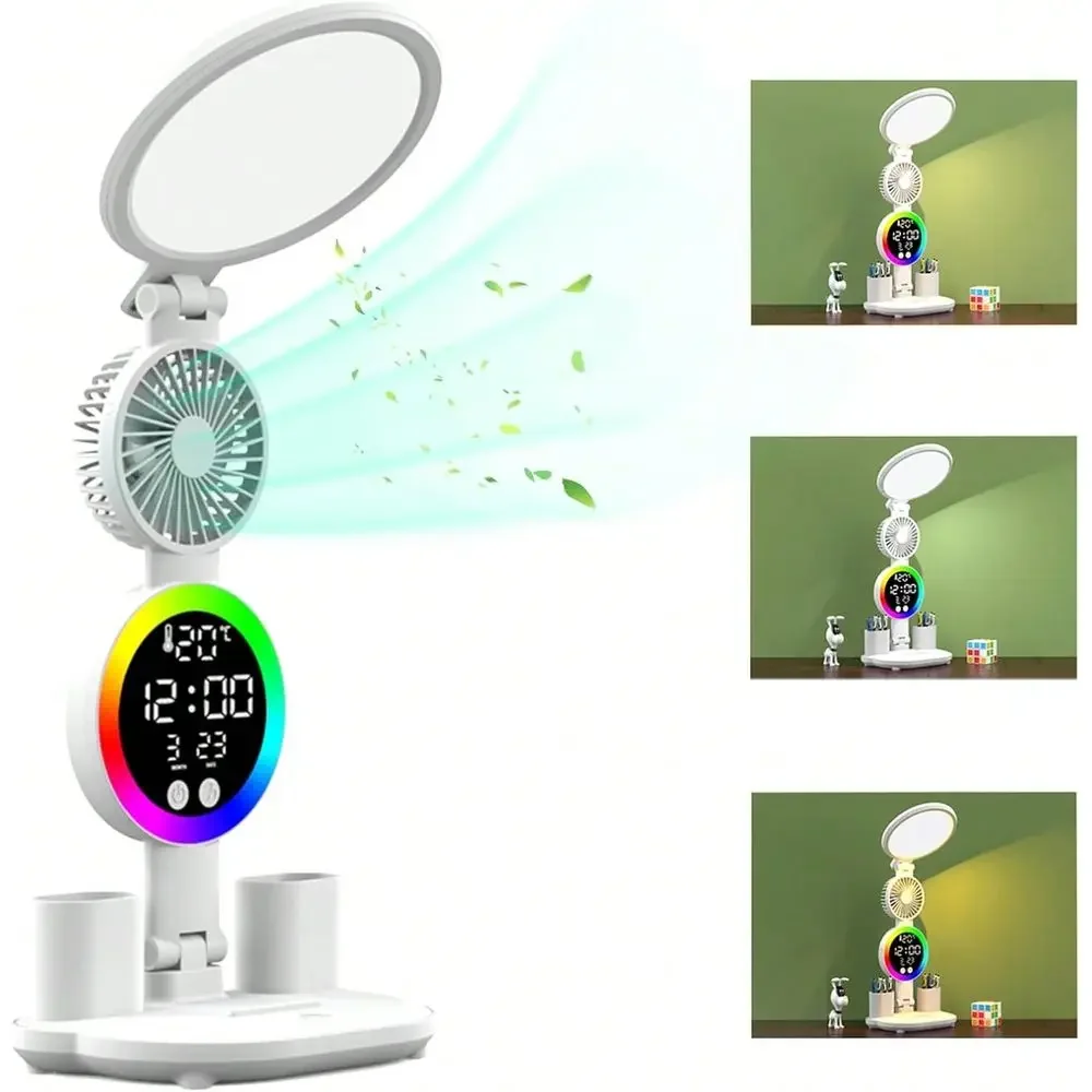 Desk Lamp With Fan Study Light With Clock, Adjustable Foldable Table Lamp With Pen Holder, 3 Brightness Levels, USB Charging Po