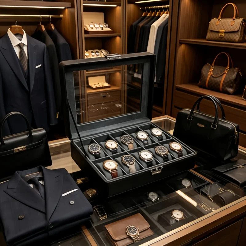 Watch Box 10 Slot Leather Lockable Clear Window, Men Watch Storage Organizer + 4 Self-Closing Bags