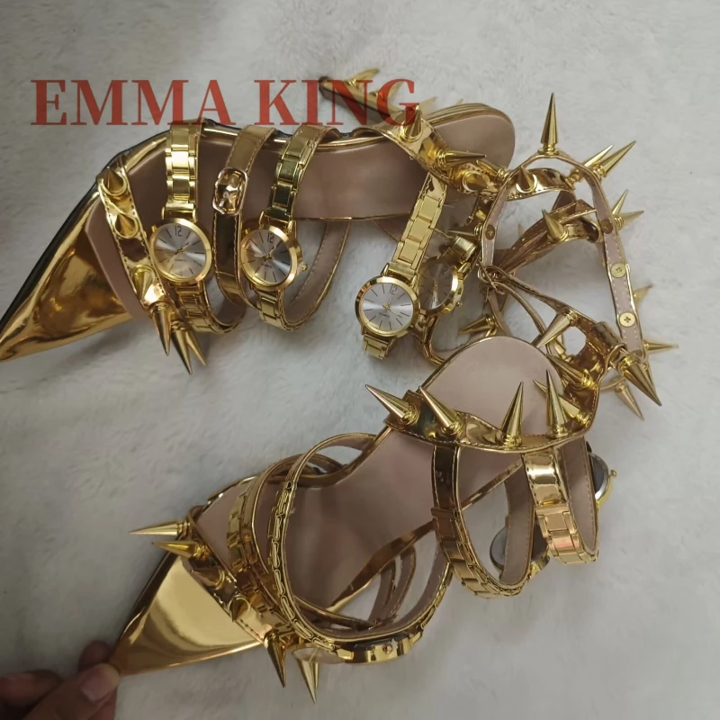 Silver Watch Sandals Open Pointed Toe Stiletto Sandals Punk-chic Spike Sandals Patent Faux Leather Ankle Buckle Sandals Big Size - view 5