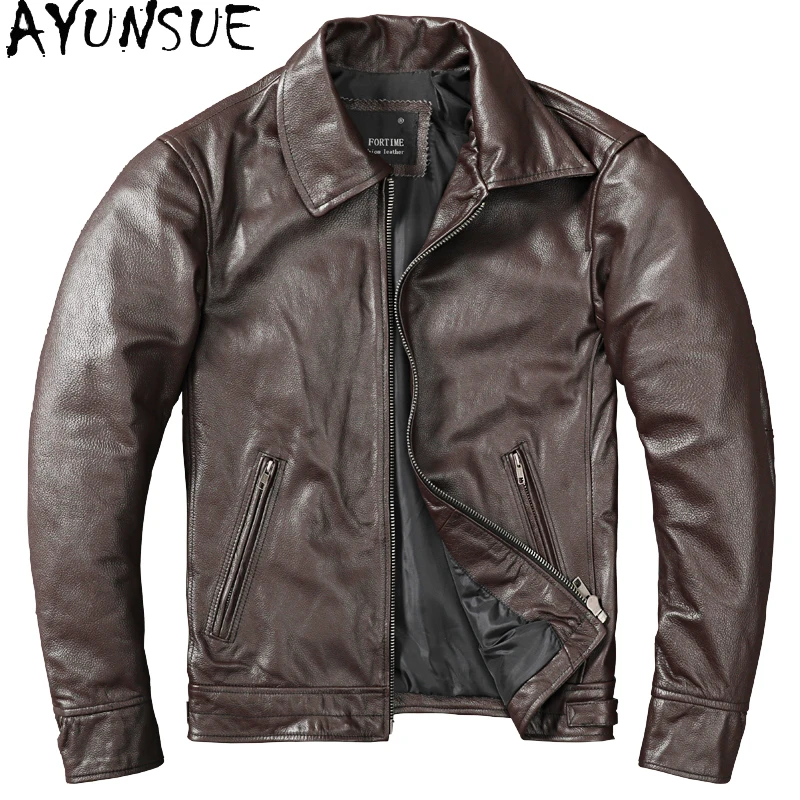 AYUNSUE Autumn Leather Jacket Men Clothing Cowhide Motorcycle Jackets Large Casual Coats Short Style Jaquetas Masculina De Couro