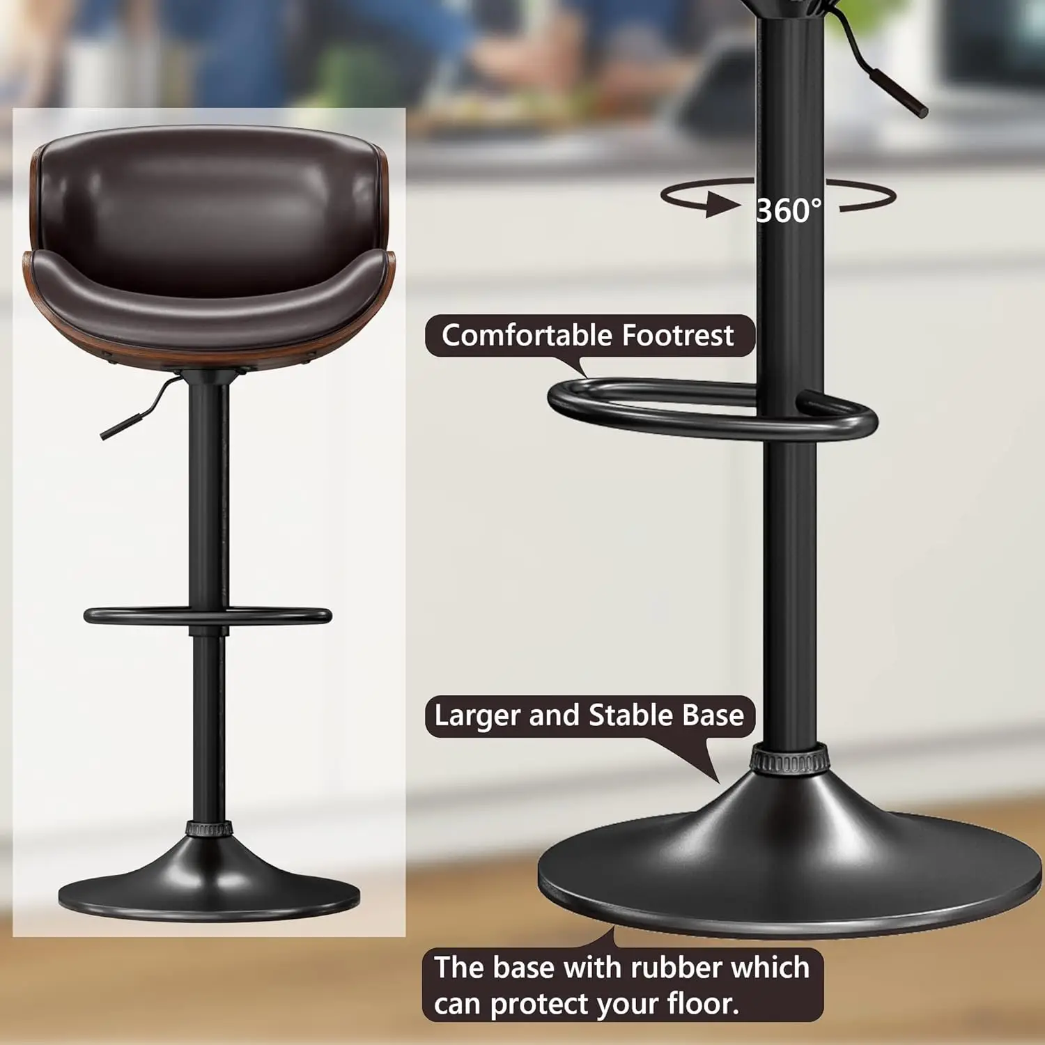 Bar Stools Set of 4, Modern Pu Leather Swivel Adjustable Bar Stool Counter Height Stool Set, Bar Chair with Back and Footrest