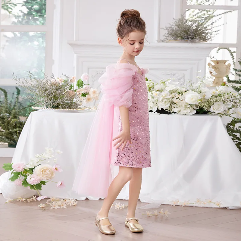 

Summer New Girl's Sleeveless Back Bow Straight Tube Skirt Pink Mist Star Yarn Dress Pink Sweet Princess Dress