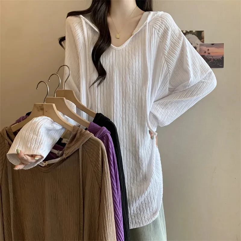 女性用フード付き長袖Tシャツ,中程度の長さ,質感にインスパイアされた,ゆったりとしたスリミングトップ,ファッション,初秋,2024