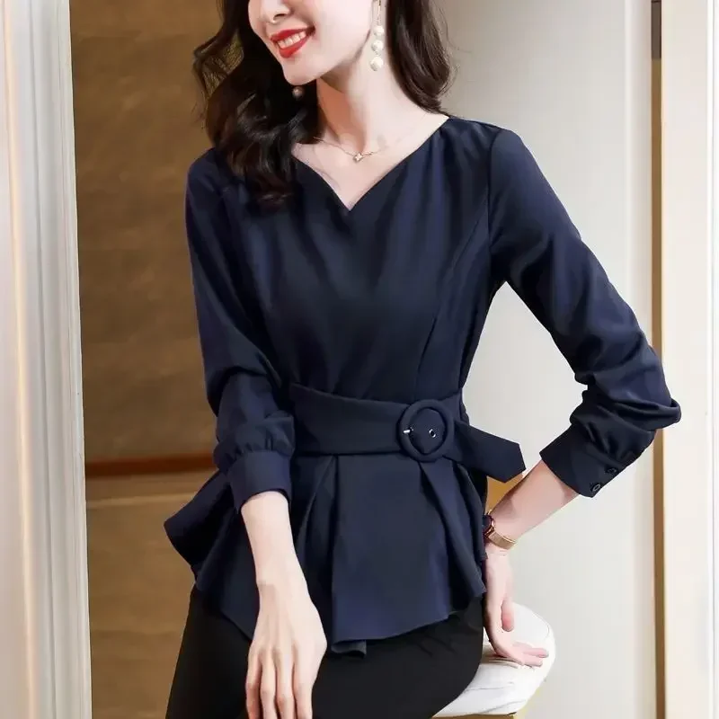 Spring Autumn Elegant Fashion Belt Waist Chiffon Blouse Ladies Long Sleeve Solid Color All-match Pullover Top Women V-neck Shirt