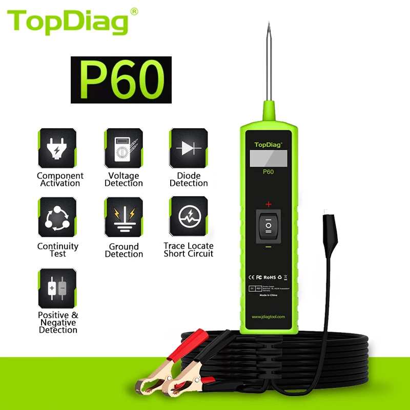 

Тестер автомобильной электрической системы Topdiag P60, диагностический инструмент для проверки цепей питания, тестер батарей 12В/24В, диагностический прибор для авто.