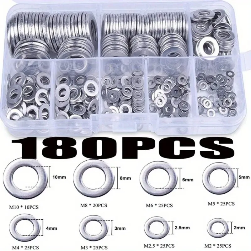 180Pcs Flat Washer Assortment Kit (M2, M2.5, M3, M4, M5, M6, M8, M10) - Suitable for Home Decorations& Factory Repairs