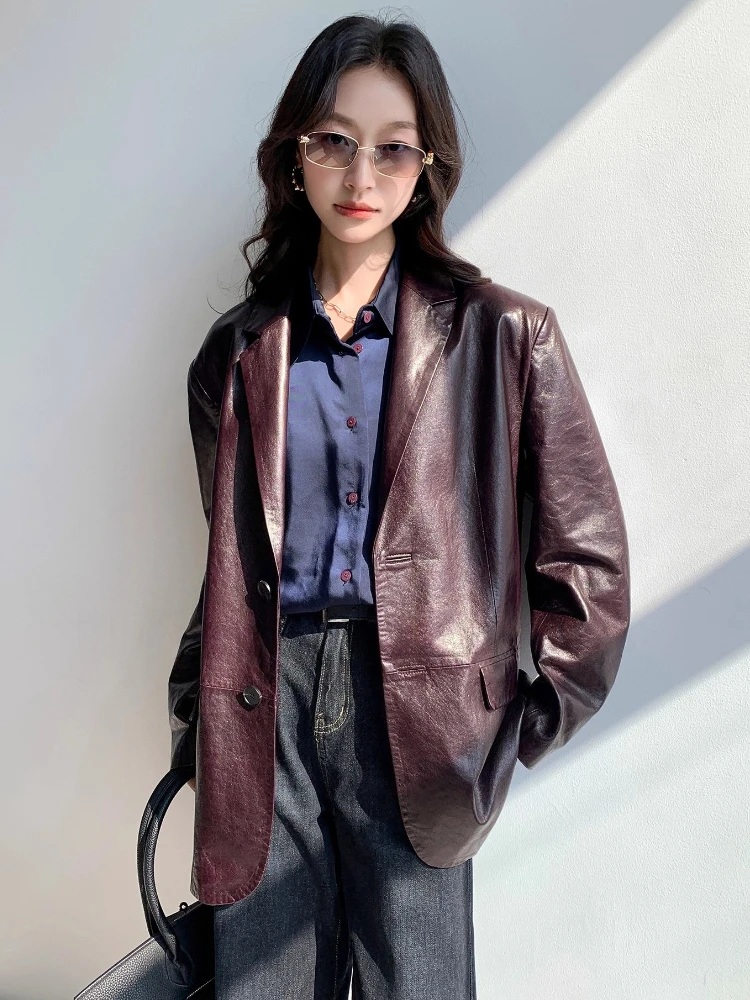 Vestes Blazer décontractées en cuir véritable pour femmes, nouveau manteau haut de gamme Simple, solide, cire d'huile douce, en peau de mouton véritable, printemps automne 2025