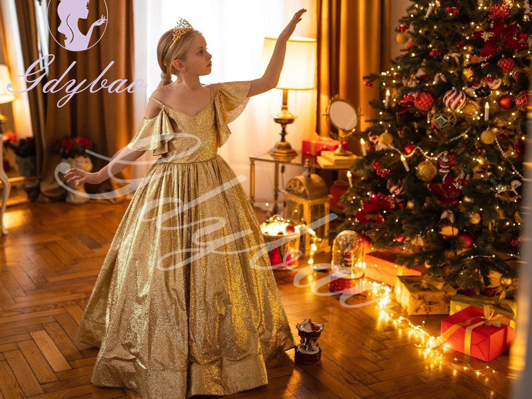 Vestido dorado de flores para niña, vestido largo hasta el suelo para boda, vestido de Navidad para fotografía, vestido de primera comunión para fiesta de cumpleaños de princesa para niños